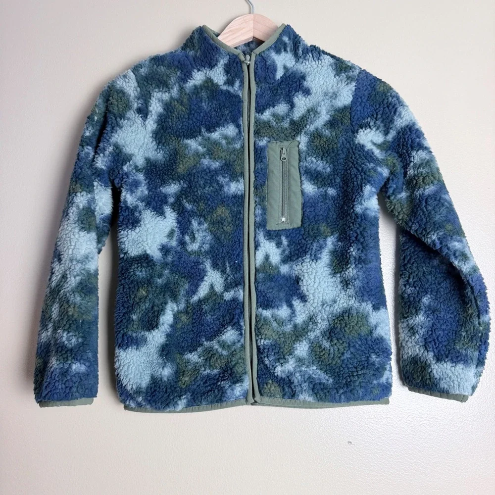OshKosh B'gosh Fleece Jacket Kids 12 Blue Green Camo Tie Dye Sherpa Full Zip